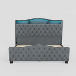 Velvet King Bed Tufted Nailhead Trim Led Lighted Headboard Usb Charging Ports and Storage Shelves