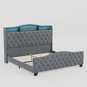 Velvet King Bed Tufted Nailhead Trim Led Lighted Headboard Usb Charging Ports and Storage Shelves