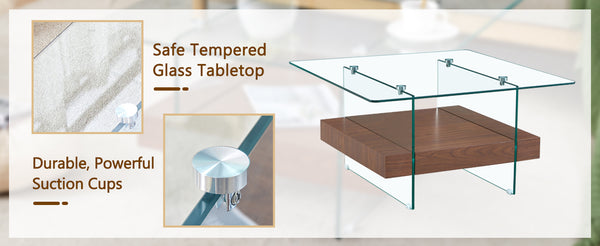 English Elm 31.4 Modern Two-Tier Square Coffee Table with Tempered Glass Top & Walnut Shelf — Stylish Storage W1512P407505