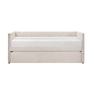 English Elm Modern Upholstered Daybed with Pull Out Trundle Nailhead Trim and Side Storage Pockets Beige B011P419489