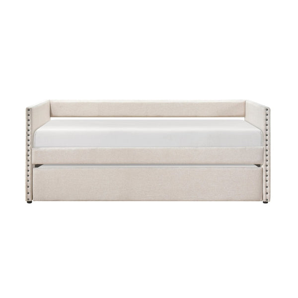 English Elm Modern Upholstered Daybed with Pull Out Trundle Nailhead Trim and Side Storage Pockets Beige B011P419489