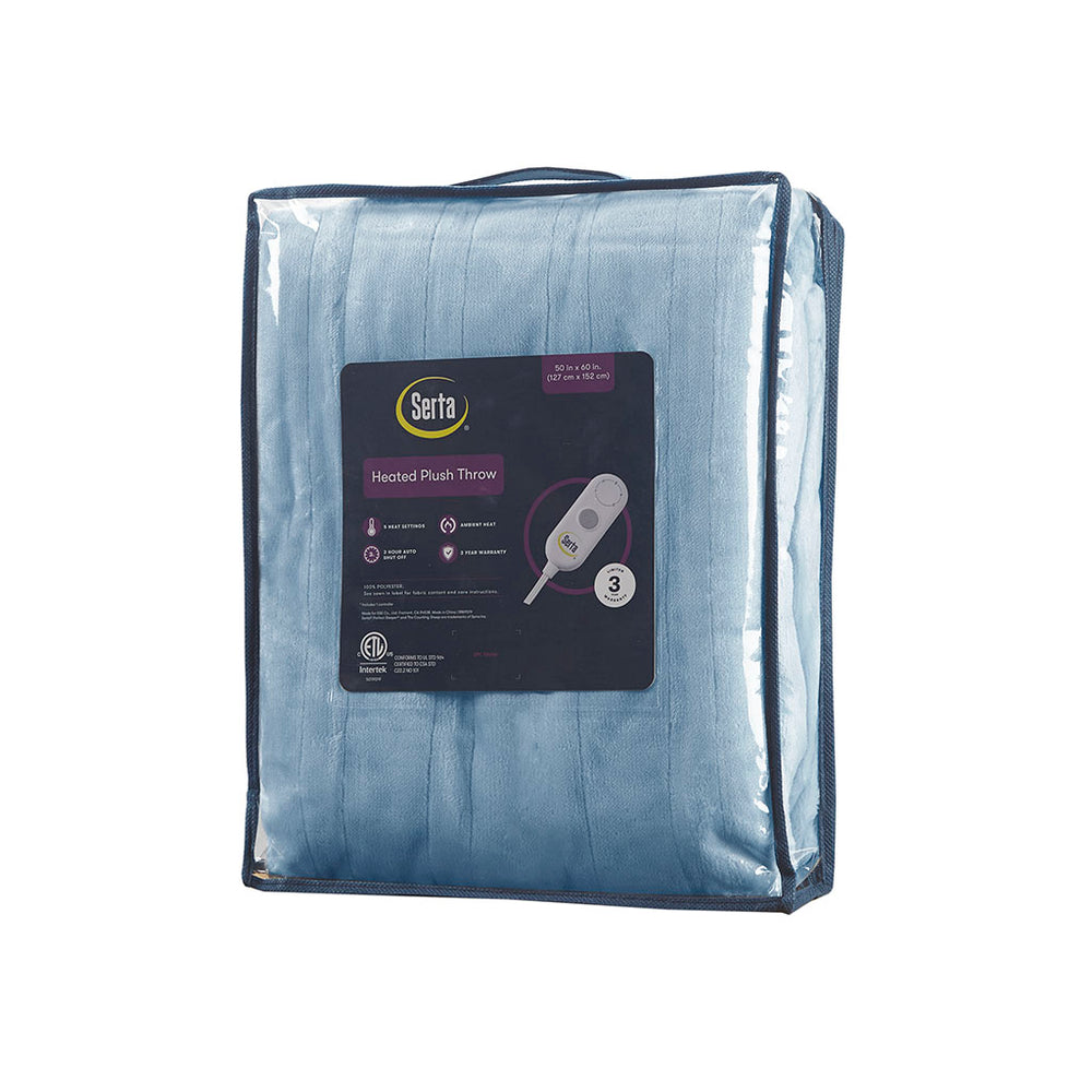 JLA Home Serta - Throw Ultra-Soft Plush Heated Throw with 5 Heat Settings, 3-Hour Timer, Machine Washable, 3-Year Warranty Light Blue ST54-0121