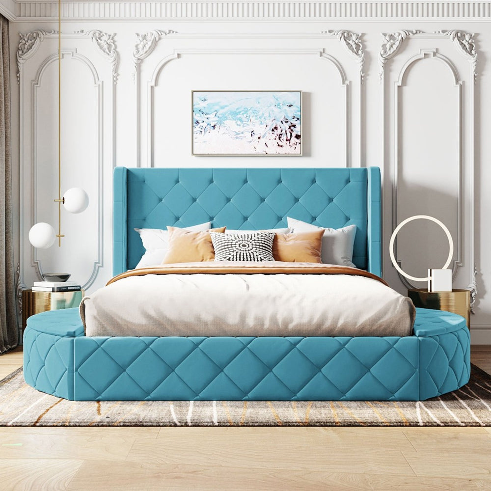 English Elm Upholstered Queen Platform Bed Velvet Wingback Storage Drawer with Side Stools LP100815AAC