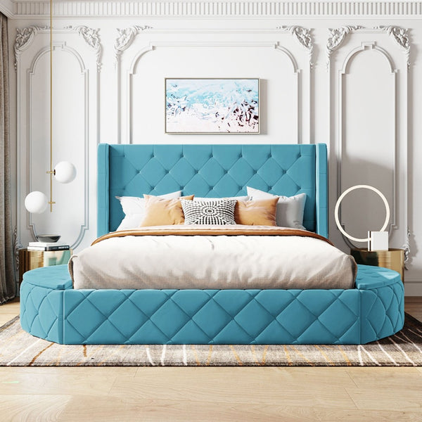 English Elm Upholstered Queen Platform Bed Velvet Wingback Storage Drawer with Side Stools LP100815AAC