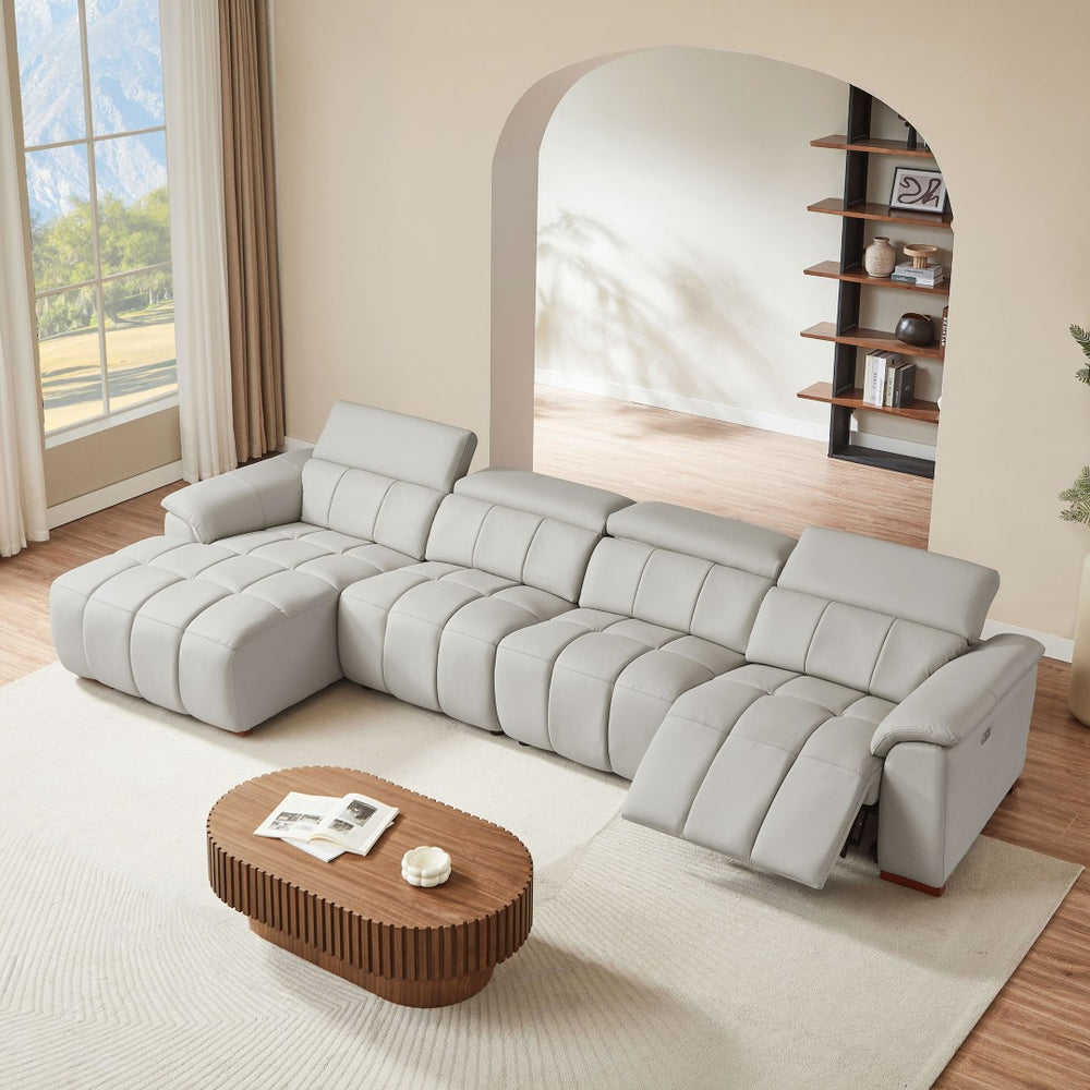 English Elm 4 Seat Genuine Leather Power Reclining Sofa Wall Hugger L Shaped Living Room Couch W2582S00177