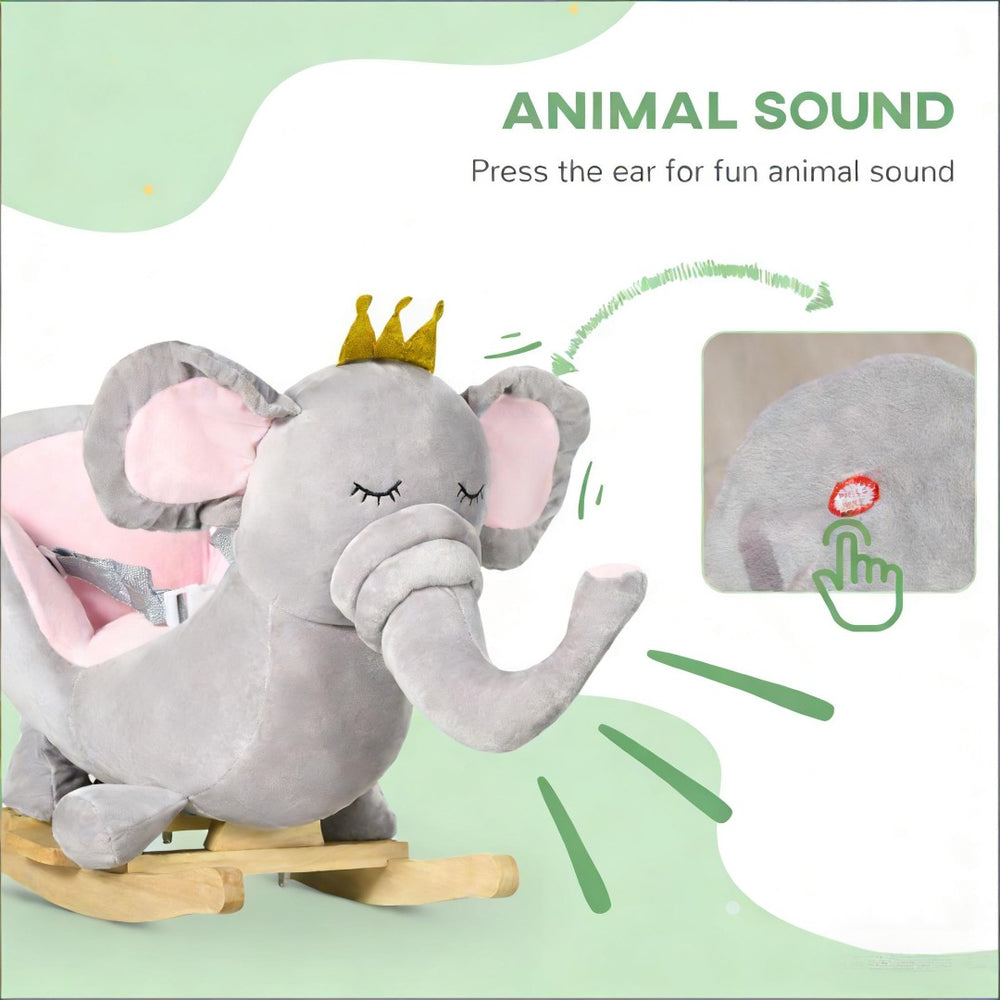 English Elm Elephant Plush Toddler Rocking Toy with Sound Effects Steel Frame and Sparkly Crown T3971P442354