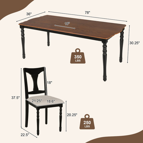 English Elm 7-piece Oak Veneer Extendable Dining Set with 6 Upholstered Chairs for Farmhouse Kitchens Black+Brown N752S100030B
