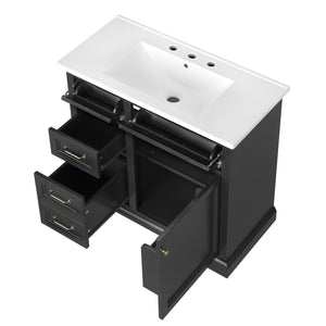 English Elm 36-Inch Modern Bathroom Vanity with Ceramic Basin, 4 Drawers & Soft-Close Door, Pre-Drilled Faucet Ready, Durable MDF and Solid Wood Construction (36"L x 18.3"W x 33.4"H) Black N725P296118B
