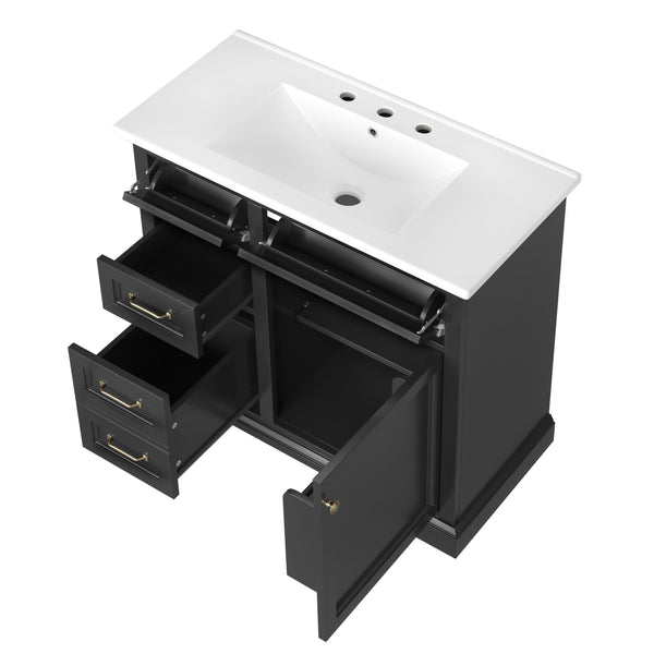 English Elm 36-Inch Modern Bathroom Vanity with Ceramic Basin, 4 Drawers & Soft-Close Door, Pre-Drilled Faucet Ready, Durable MDF and Solid Wood Construction (36"L x 18.3"W x 33.4"H) Black N725P296118B