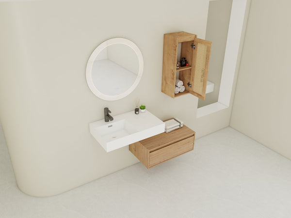 English Elm 30 Inch Wall-Mounted Bathroom Vanity With Soft-Close Drawer & Resin Sink, Space-Saving Design W999S00348