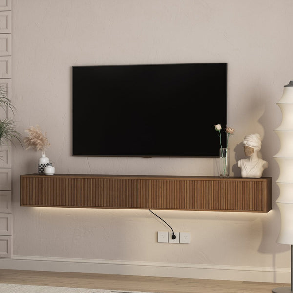 English Elm Floating Wall Mounted Tv Stand High Gloss Cabinet with Led Lighting and Power Strip W1321P437018