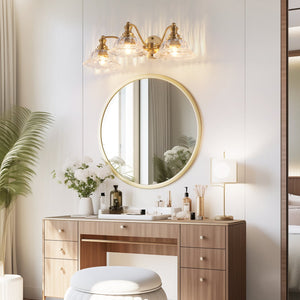 English Elm 24 Vintage 3-Light Bathroom Wall Sconce with Iron and Glass Shades - Elegant Vanity Fixture for Mirror Gold W1340P284603
