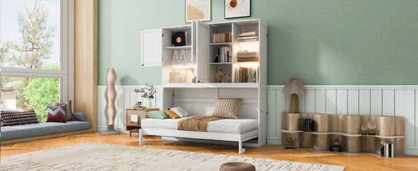English Elm Twin Murphy Bed with Cabinet Shelves Built in Lighting Usb Ports Space Saving Wall Unit White LP000389AAK-1