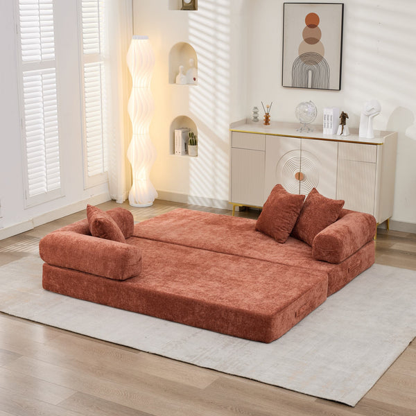 English Elm Comfy Convertible Folding Mattress Couch with Chenille Comfort, Space-Saving Floor Sofa Bed 3-Tier Orange W1143P364841