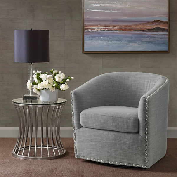 JLA Home Madison Park - Upholstered Swivel Barrel Chair with Nailheads and 360° Smooth Rotation, Plush Foam Comfort Grey MP103-1071