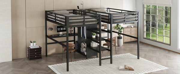 English Elm Twin Metal Loft Bed With Dual Desks, Wardrobe, Shelves & Power Outlet For Ultimate Space-Saving Design W1580S00114-GIGA