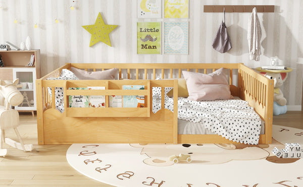 English Elm Queen Low Profile Kids Floor Bed with Guardrails Bookshelf and Pine Wood Frame Natural W1580P373143