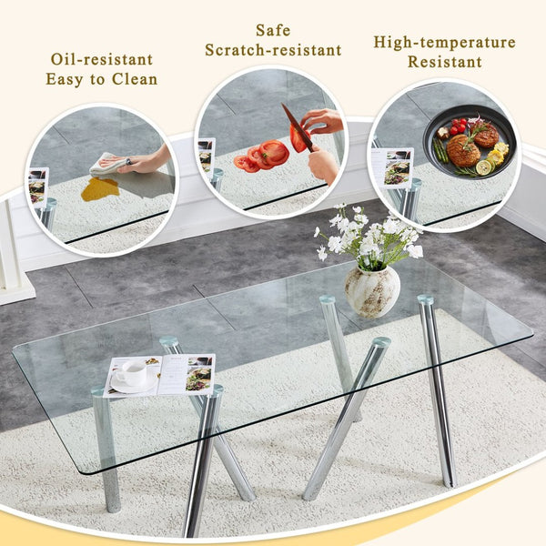 English Elm 71-inch Tempered Glass Dining Table Electroplated Metal Base Open Airy Modern Style White W3875S00005