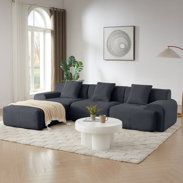 English Elm 113" Modular L-shaped Sectional Sofa Corduroy Upholstered with Movable Ottoman Dark Gray W1359S00059