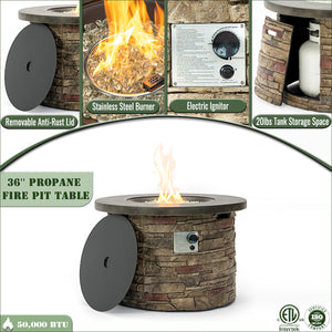 English Elm 36'' Propane Gas Fire Pit Table 50,000BTU Round MgO Top Hidden Tank Cover Pulse Ignition W853P293854