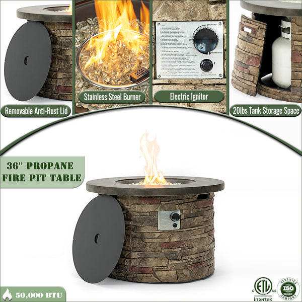 English Elm 36'' Propane Gas Fire Pit Table 50,000BTU Round MgO Top Hidden Tank Cover Pulse Ignition W853P293854