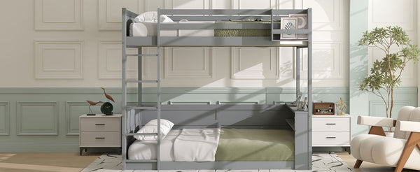 English Elm Queen Size Wooden Bunk Bed With Smart Storage, Led Light, Usb Charging & Modern Grey Finish N7090005006E-GIGA