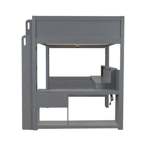 English Elm Wood Full Size Gaming Loft Bed with Desk, LED Lights, USB Charging Ports & Multi Storage Dark Gray SM000374AAE