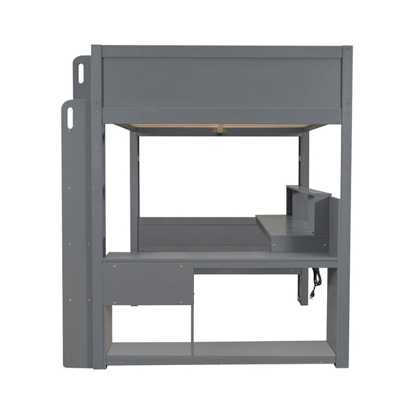 English Elm Wood Full Size Gaming Loft Bed with Desk, LED Lights, USB Charging Ports & Multi Storage Dark Gray SM000374AAE