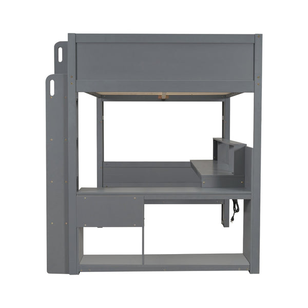 English Elm Wood Full Size Loft Bed with Built-in Desk Led Lighting and Charging Station SM000374AAE-1