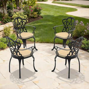 English Elm Cast Aluminum Outdoor Dining Chairs Set of Four with Carved Relief and Weather Resistant Frame W1710S00506