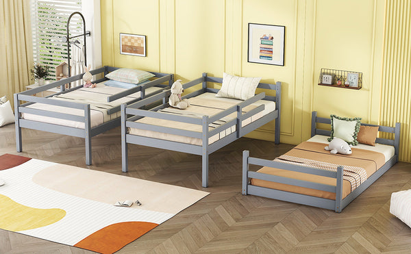 English Elm Triple Rubber Wood Bunk Bed with Built-In Ladders and Guardrails Maximizes Space for Families, Durable Design Grey W504S00174