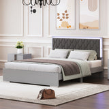 English Elm Queen Size Upholstered Bed With Led Lights,Modern Platform Bed With Velvet Headboard,Grey