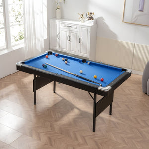 English Elm Pool Billiard Table Foldable Steel Frame Velvet Cloth Surface Home Game Room Black+Blue W1936P334778