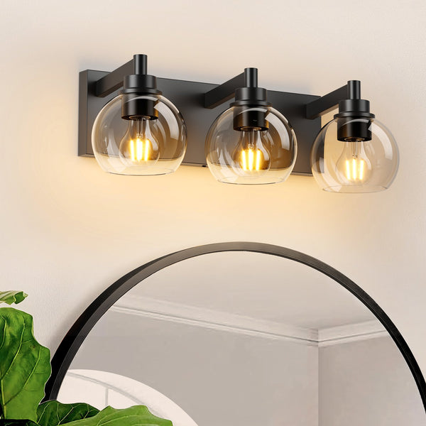 English Elm Bathroom Vanity Light - Modern 3-Light Fixture With Clear Glass Shades & Matte Black Metal Base W1340P353039