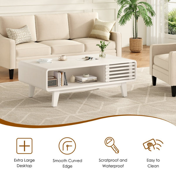 English Elm Coffee Table with Four Open Compartments Solid Wood Legs Mid Century Farmhouse Style White T3623P431250