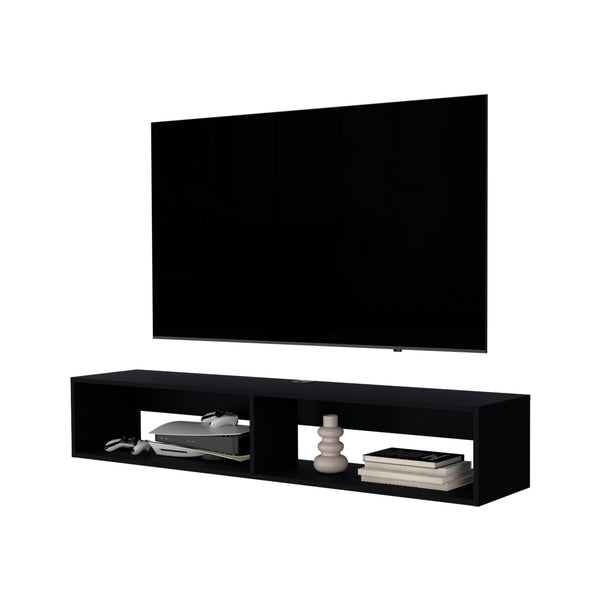 English Elm Central Floating media rack in melamine with two shelves, black — Space-saving TV stand, durable, modern design, 59.1"W x 12.6"D x 10.4"H B128P227637