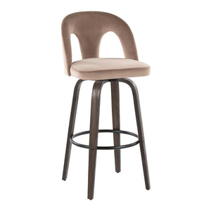 English Elm Fixed-height Swivel Barstools Walnut Bentwood Taupe Velvet Seat Mid-century Set of 2 B202S01887