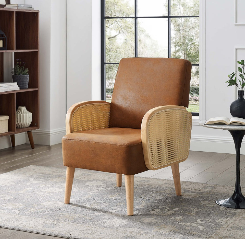 English Elm Faux Leather Accent Chair with Woven Rattan Arms and Tall Wooden Legs for Living Room B2748P493704