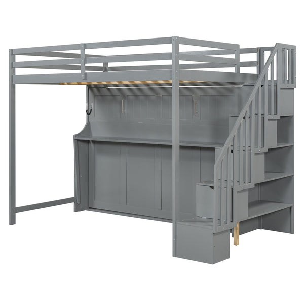 English Elm Full Over Murphy Bunk Bed with Hydraulic Lift Desk and Staircase Storage Gray LP200698AAE