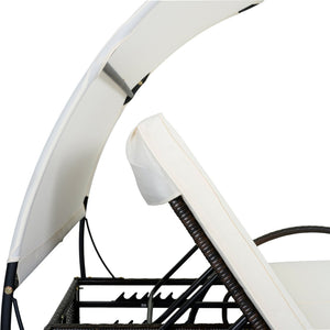 English Elm U_style Outdoor Double Sun Lounger Hdpe Wicker Steel Frame with Canopy Pop up Tables Beige WY000485AAA