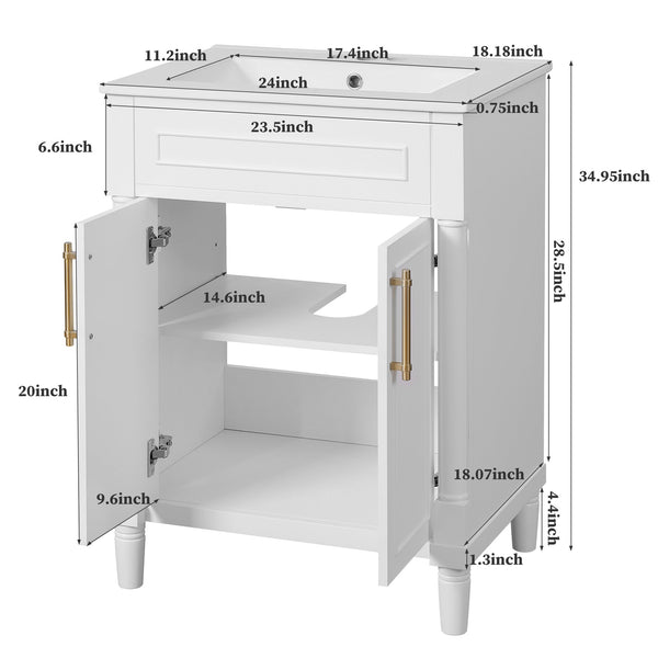 English Elm 24" Bathroom Vanity with Integrated Ceramic Sink and Adjustable Shelf, Vintage Hardware, Space-Saving Design White N710P277711K