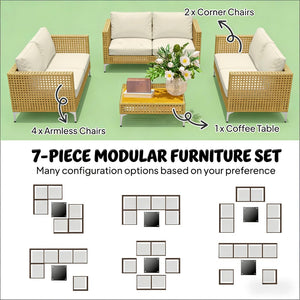 English Elm Modular Outdoor Sectional 7 Piece Pe Rattan Patio Set with Acacia Wood Table T3971S00147