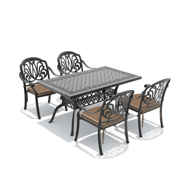 English Elm 5-piece Cast Aluminum Outdoor Dining Set Old World Ornate Patio Furniture Brown Cushions W1710S00572