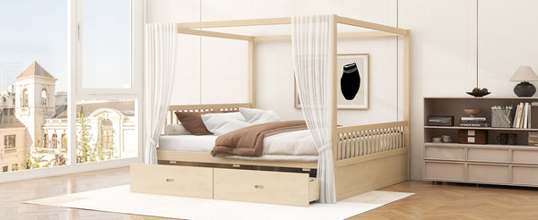 English Elm Wooden Canopy Queen Bed Solid Frame with Built-in Storage Drawers Slatted Base Natural N7090005036N