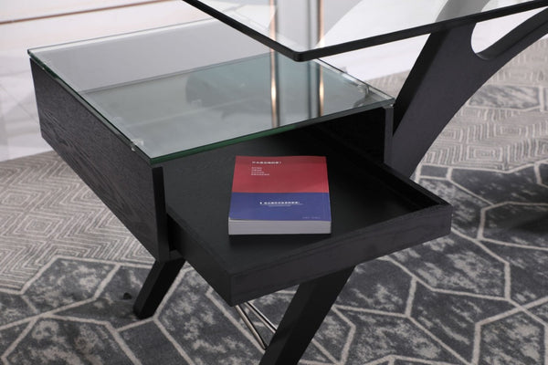 VIG Furniture Suffolk Black Ash Desk With Floating Tempered Glass Top, Chrome Accents & 5 Drawers For Storage VGVCBT001-BLK