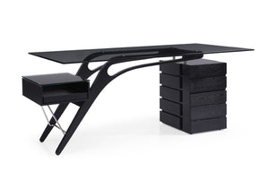 VIG Furniture Suffolk Black Ash Desk With Floating Tempered Glass Top, Chrome Accents & 5 Drawers For Storage VGVCBT001-BLK