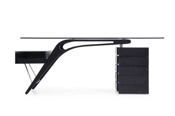 VIG Furniture Suffolk Black Ash Desk With Floating Tempered Glass Top, Chrome Accents & 5 Drawers For Storage VGVCBT001-BLK