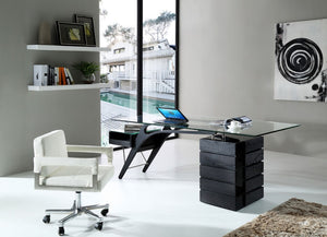 VIG Furniture Suffolk Black Ash Desk With Floating Tempered Glass Top, Chrome Accents & 5 Drawers For Storage VGVCBT001-BLK