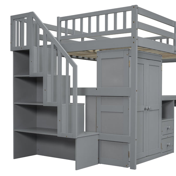 English Elm Queen Murphy Bed with Integrated Desk Cabinet Shelves Space Saving Studio Solution Gray N708S00014E
