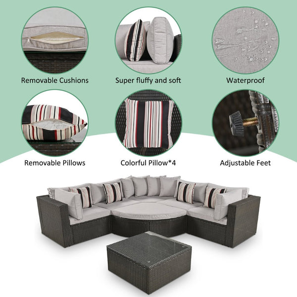English Elm Go 7 Piece Outdoor Pe Wicker Sectional Set with Steel Frame and Striped Accent Pillows Brown FG201212AAA